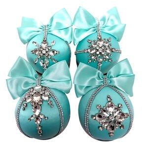 Handmade Elegant Turquoise Ornaments with Rhinestone Design Set of 4 EUC